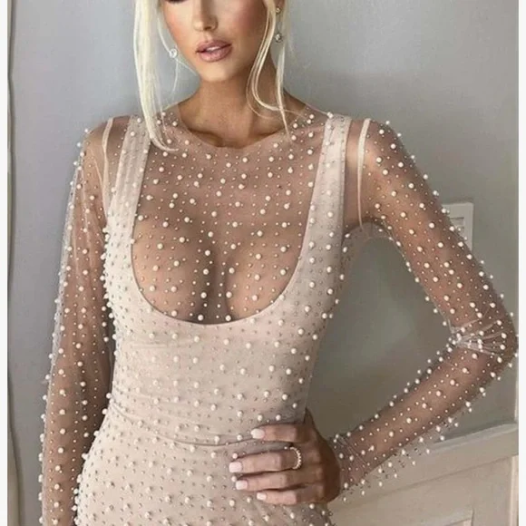 Sheer Pearl Mesh Overlay Long Sleeve Dress - Picture 3 of 6